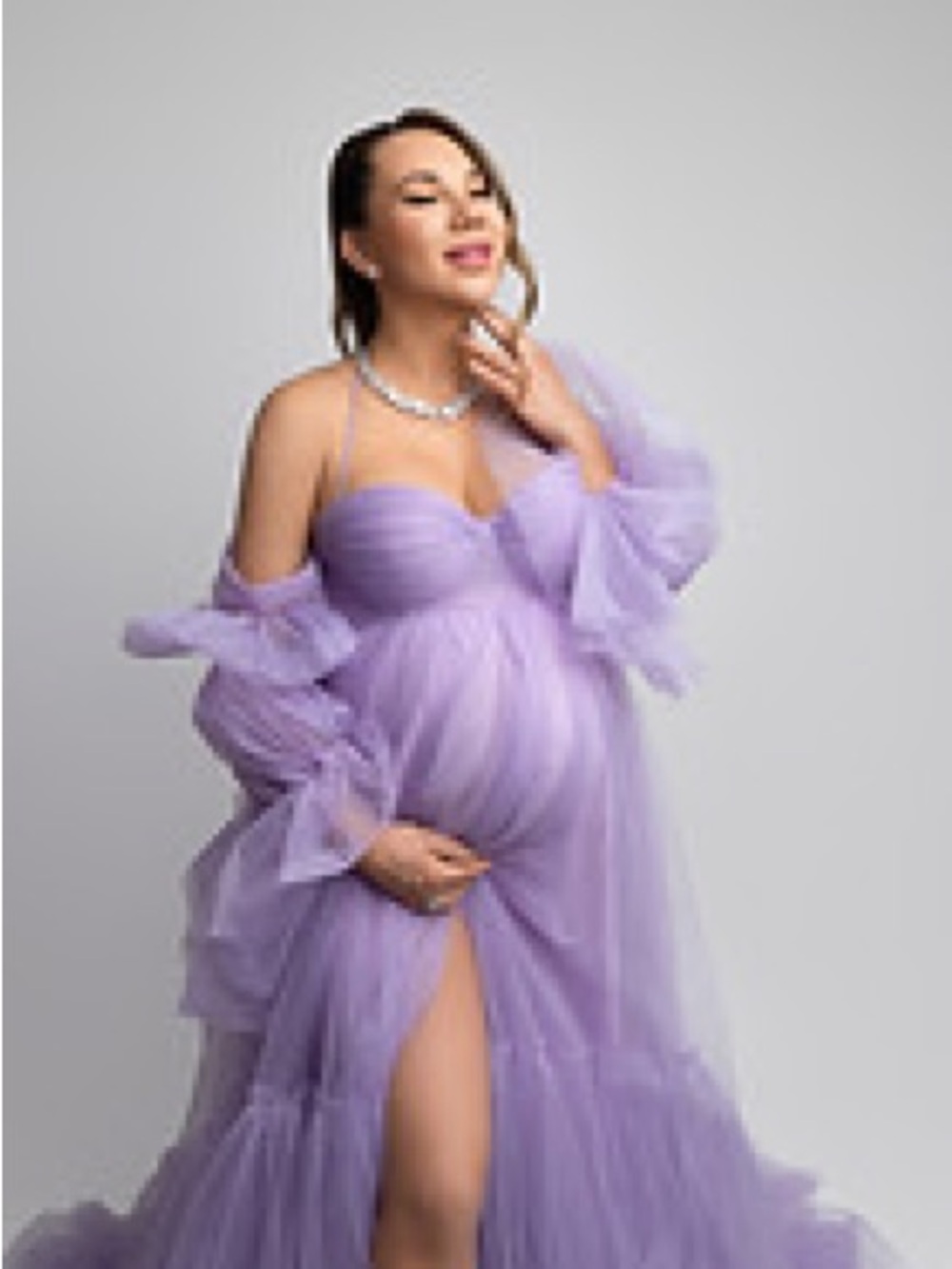 Amazon Lavender Tulle Maternity Maxi Dress with Ruffle Sleeves